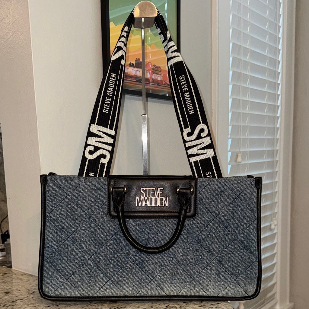 Steve Madden Denim Quilted Tote With Black Trim And Logo Strap